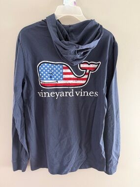 Vineyard Vines Navy Long-Sleeve Hooded Tee with American Flag Whale Logo Men’sXS